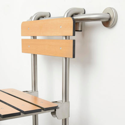 Seachrome Profile Folding Shower Seat with 18 inch Grab Bar, Removable Hanging Bench with Backrest & Legs, Teak Phenolic Seat, Stain Stainless Steel Grab Bar