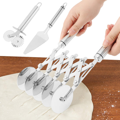 5 Wheel Pastry Cutter, Expandable Stainless Steel Dough Cutter Wheel with Handle, Baking Roller Cookie Dough Divider, Multi-Round Pastry Knife, Pizza Cutter Roller and Pie Server
