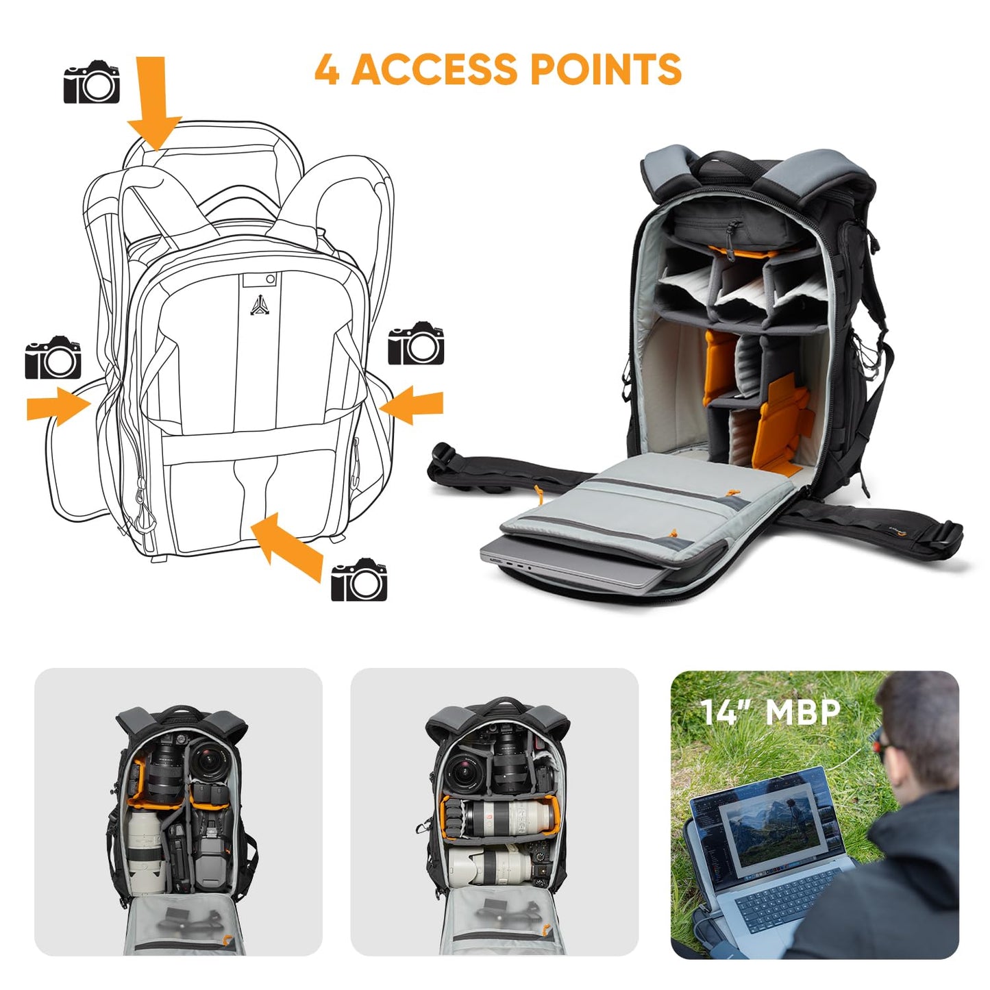Lowepro ProTactic BP 350 AW III Camera Backpack, 4-point Access, Professional Camera Bag, DSLR/Drones/Mirrorless, Up to 14" Laptop, Rain Cover, for Photographer,Videographer, Volume 17L