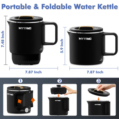 HYTRIC Travel Electric Kettle, 650ML Foldable Small Electric Kettle, Stainless Steel Portable Kettle with Dual Power Control, Collapsible Small Kettle Electric, Auto Shutoff & Boil Dry Protection