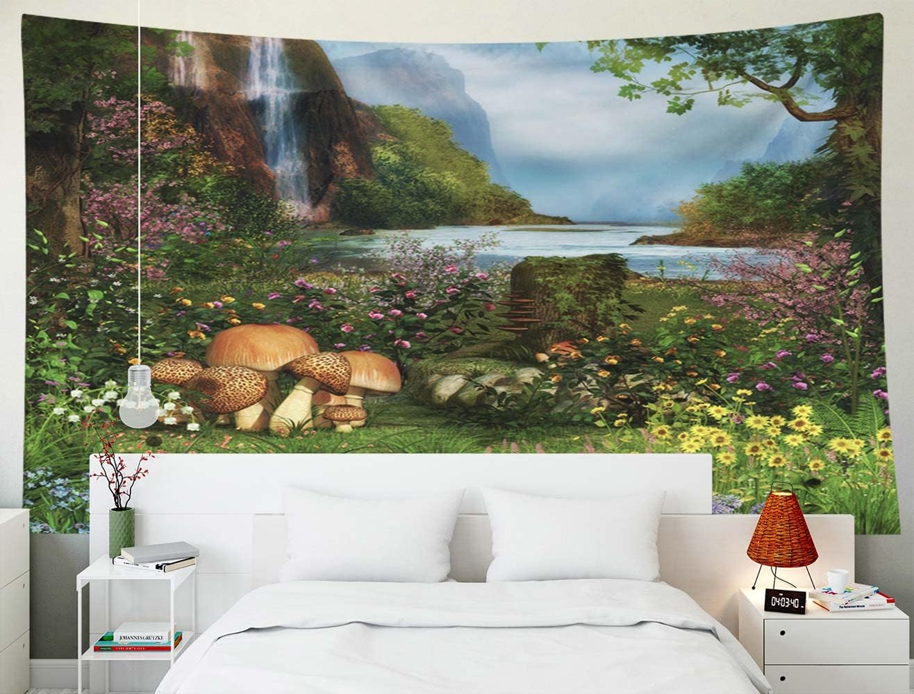 Crannel Painting Tapestry Blanket - Beautiful Scenic View Enchanted Garden Waterfall River Wall Art 92.5X70.9 Inches