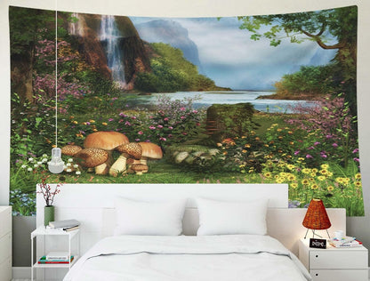 Crannel Painting Tapestry Blanket - Beautiful Scenic View Enchanted Garden Waterfall River Wall Art 92.5X70.9 Inches