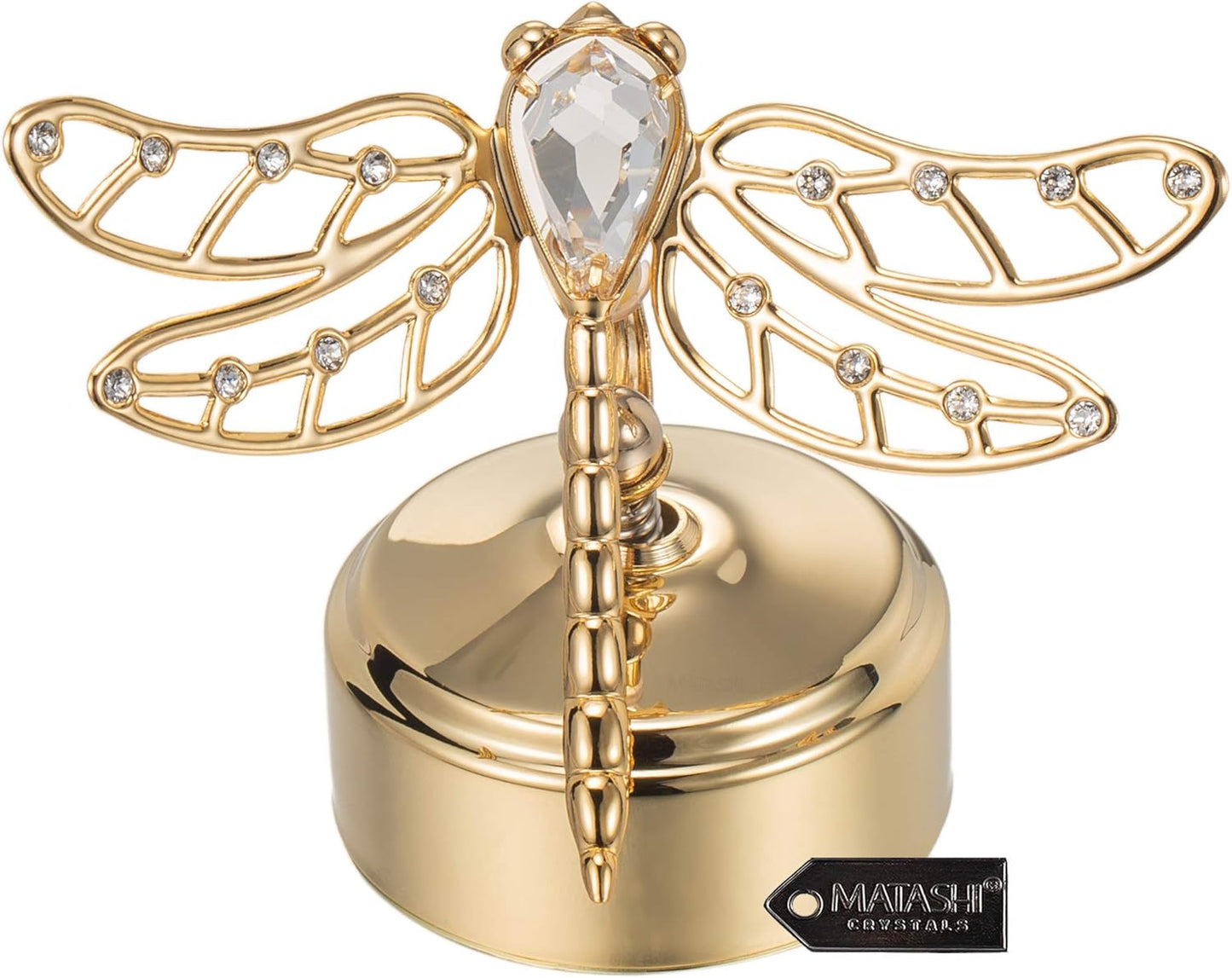 24K Matashi Gold Plated Music Box Plays You Are My Sunshine Crystal Dragonfly Tabletop Showpiece Elegant Gift