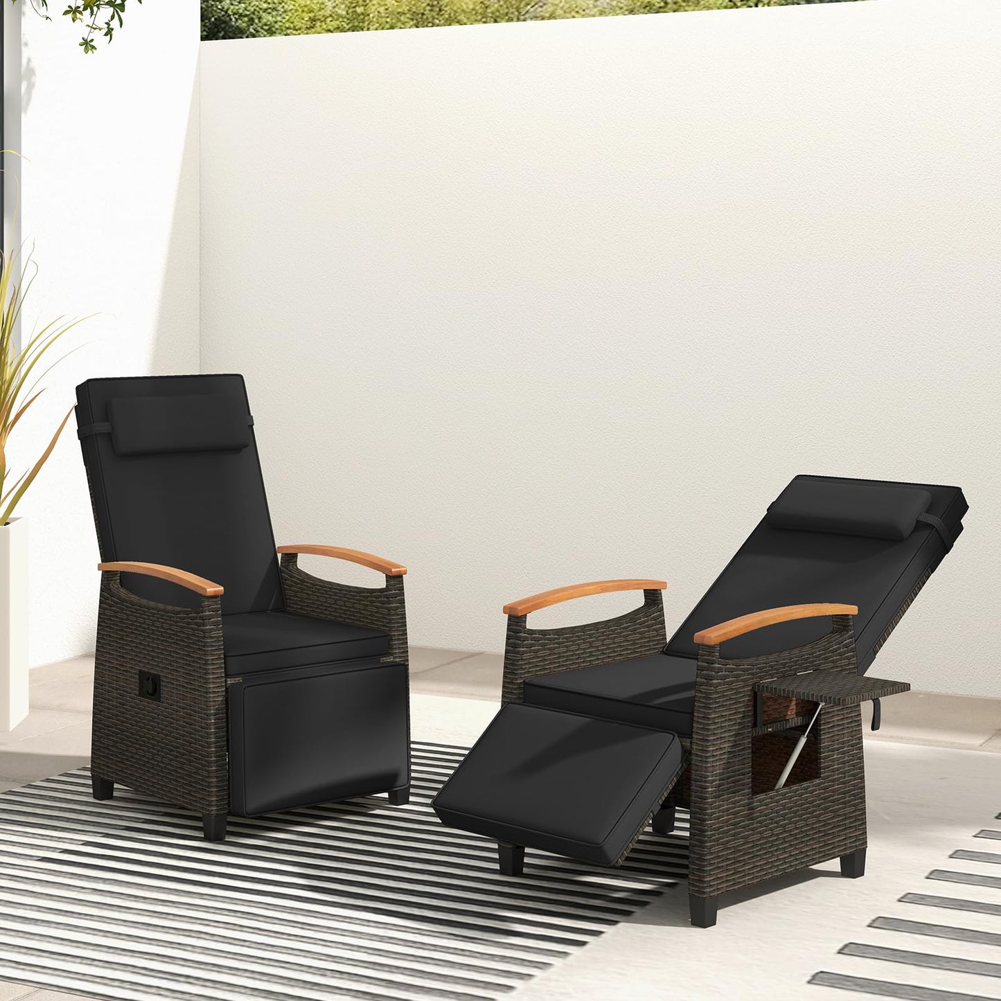 RELAX4LIFE Rattan Outdoor Recliner Chair - Wicker Chaise Lounge Chair w/Adjustable Back & Footrest, Acacia Wood Armrests, Flip Side Table, Cushion, Reclining Patio Chair for Pool Yard (2, Black)