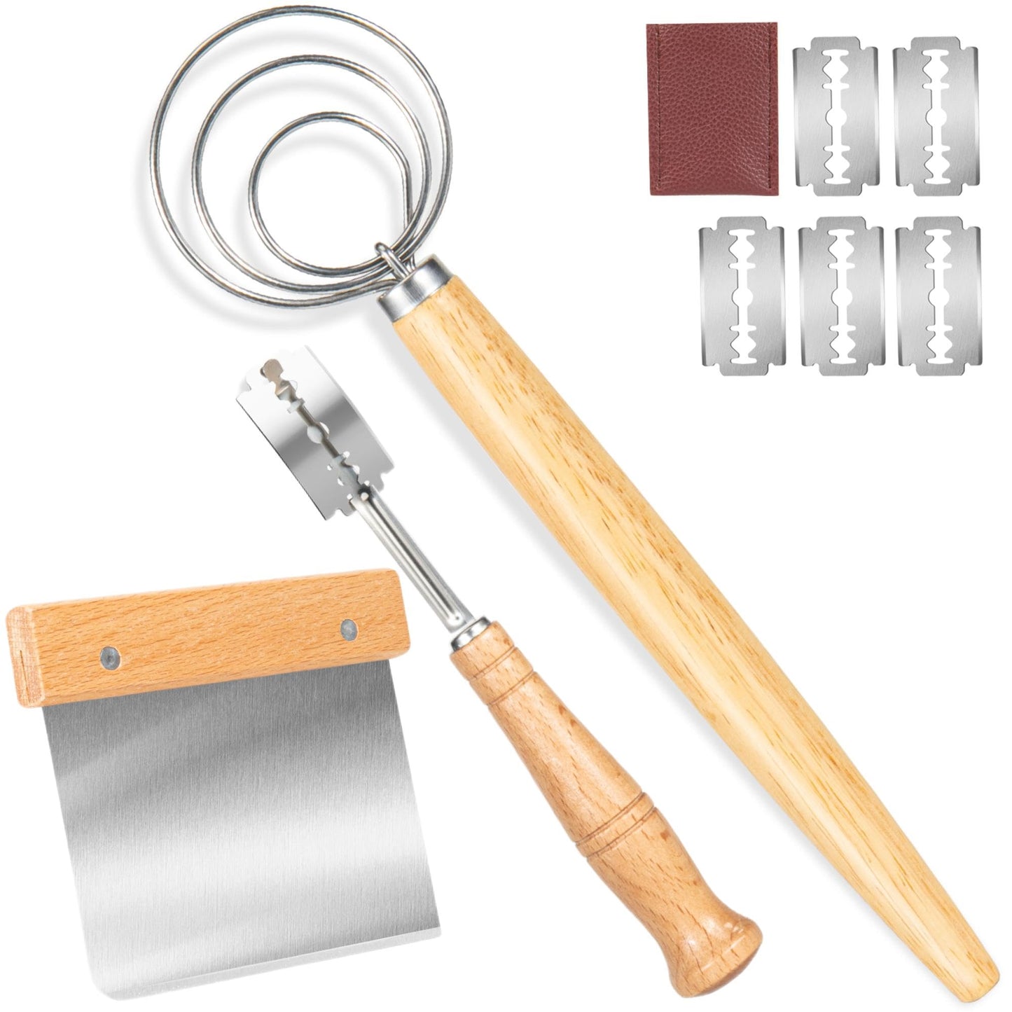 Danish Dough Whisk - Bread Whisk Set of 3 pieces, Bread Making Tools and Supplies, Danish Sourdough Whisks, Dutch Whisks for Dough, With Dough Scraper Sourdough Cutter, Lame Doughs Scoring Tool Blades