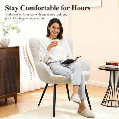 MALOL Mid-Century Sherpa Upholstered Accent Chair, Cozy Armchair with Curved Backrest, Sturdy Metal Legs, Soft Fabric Chair for Living Room, Bedroom & Reading Area,Beige