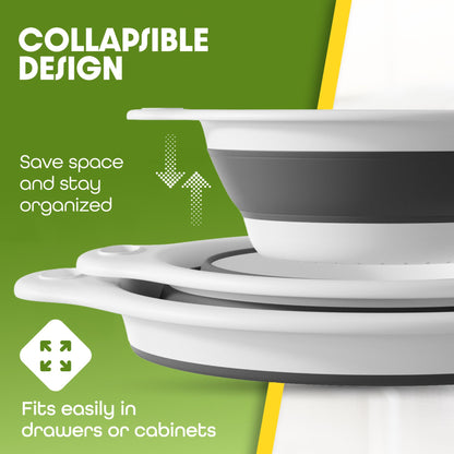Gevoli Collapsible Colanders (3 Pack Set) Food Strainers with Over-Sink Water Draining Base for Pasta Fruits and Vegetables (Patent Pending) White (3 Sizes, 3QT, 4QT and 5 Quart)