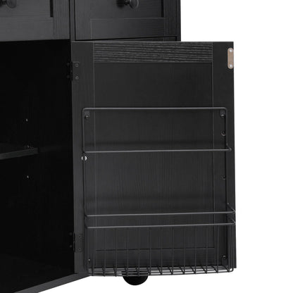Bellemave 46.5" Farmhouse Kitchen Island cart with Charging Station and with Drape of Beads, Rolling Kitchen Island Table with Drop-Leaf, 3 Drawers, Black