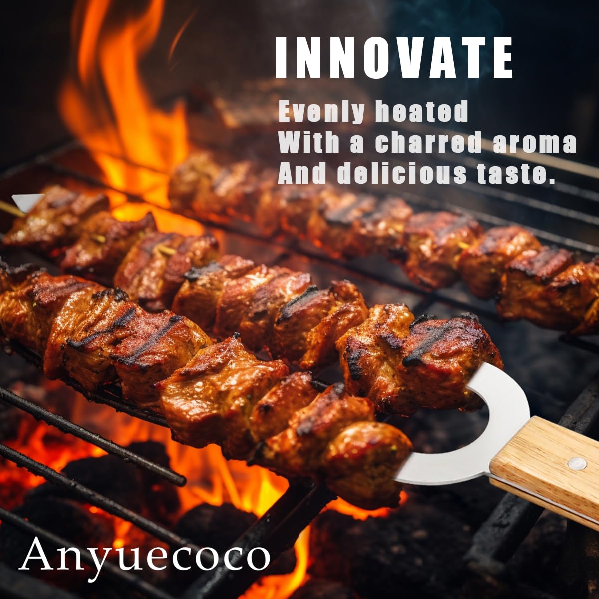 Anyuecoco Skewers for Grilling,2 PCS - 17 Inch Double Pronged Kabob Skewers With Wooden Handles,Heavy Duty Stainless Steel Skewer, Flat Skewer,For Grilling Meat, Vegetables, and Outdoor Cooking