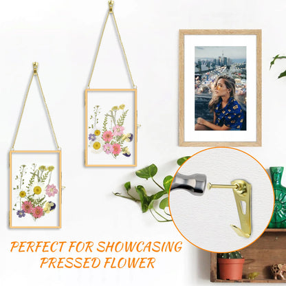 Pressed Flower Frames with Hanger & Tweezer & Dried Flowers, 4 x 6 Inch Wall Double Glass Floating Hanging Picture Photo Frame with Chain for Wall Decor and Display, Hanging Picture or Artwork (Gold)
