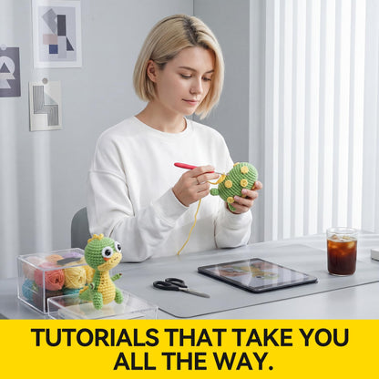 Eelexa Crochet Kit for Beginners - 2 Pack Set with Dinosaur Plush, Egg& Squeaker, Complete Starter Kit with Yarn, Tools & Video Tutorial, DIY Animal Craft Gift for Lovers