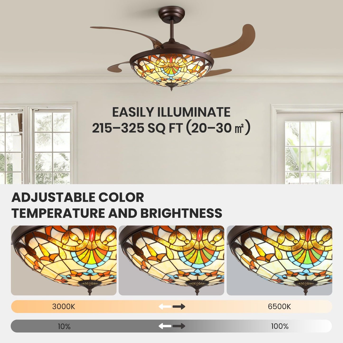 APBEAMLighting 52inch Ceiling Fan Tiffany Style Stained Glass Retractable Ceiling Fans with Remote & Dimmable Light 6-Speed Reversible Motor for Bedroom Dining Room Living Room Kitchen