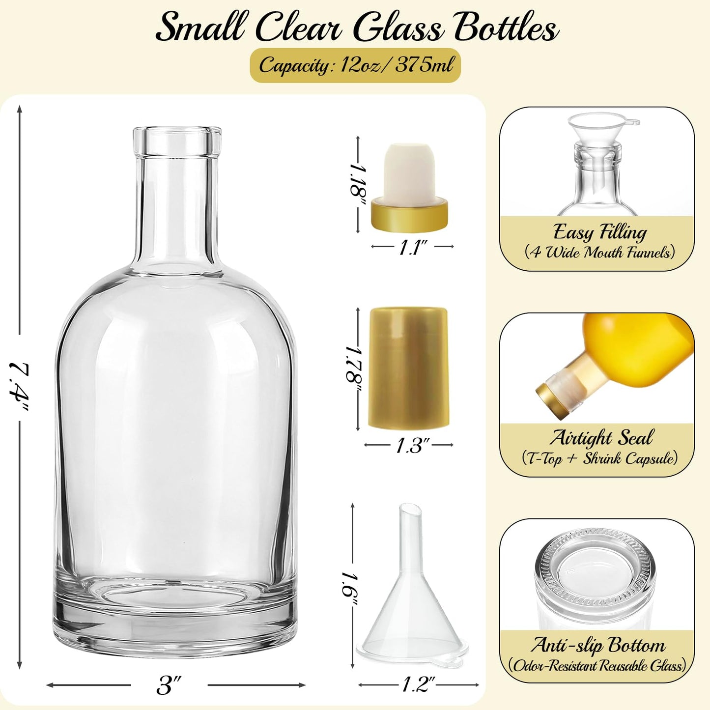 TBWIND 12 Pack 12oz/375ml Clear Glass Bottles with T-Top Cork Stoppers