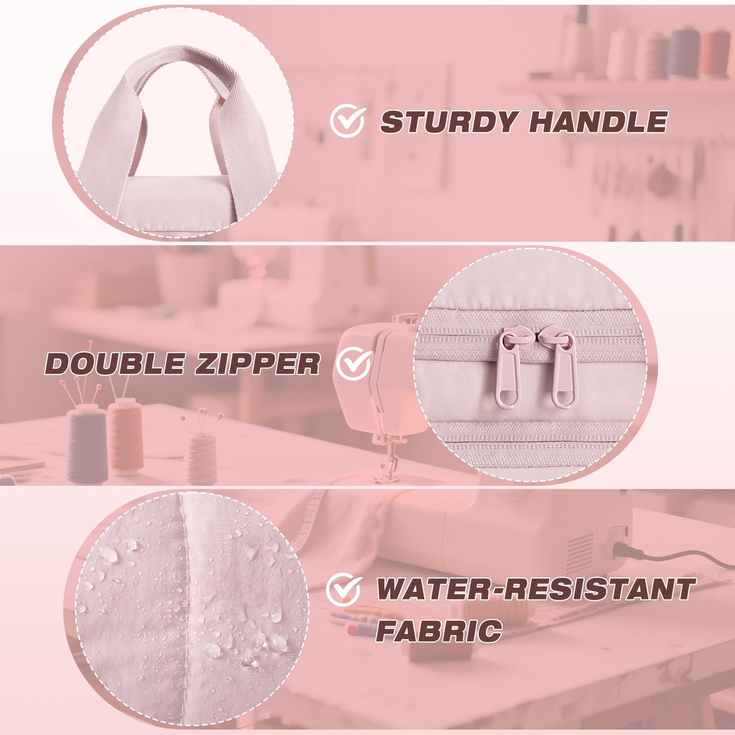Marscamd Puffer Sewing Organizer Bag, Large Capacity with Multiple Pockets and Detachable Dividers, Storage Box for Threads, Needles, Scissors, Craft Supplies, Pink (Bag ONLY, NO Supplies)