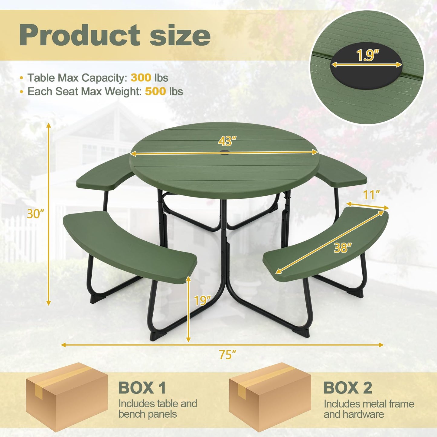 Tangkula 8 Person Picnic Table, Outdoor Round Picnic Table with 4 Built-in Benches, Umbrella Hole, Metal Frame & HDPE Tabletop, Outside Table and Bench Set for Backyard, 2300lbs Weight Capacity