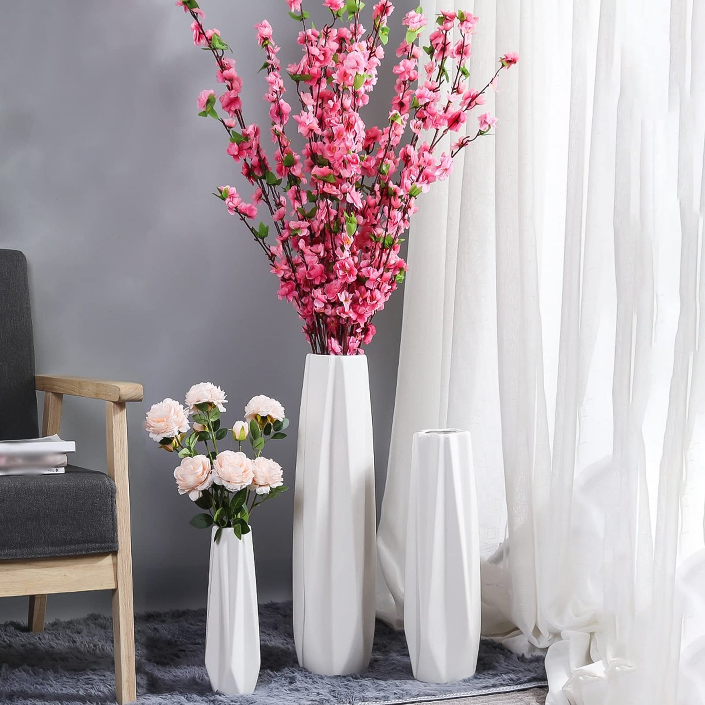 FKTHYO Floor vase Accessories Large Floor Vase,White Ceramic Vase,Handcrafted,Sophisticated Vessel for Decorative Branches and Dried Flowers (White 61cm)