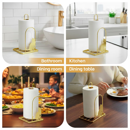Megier Paper Towel Holder for Countertop, Kitchen Paper Towel Stand with Cat Pattern Decoration，Fit Standard Jumbo Roll in Dining Table or Bathroom, Toilet Paper Dispenser with Heavy Duty Base (Gold)