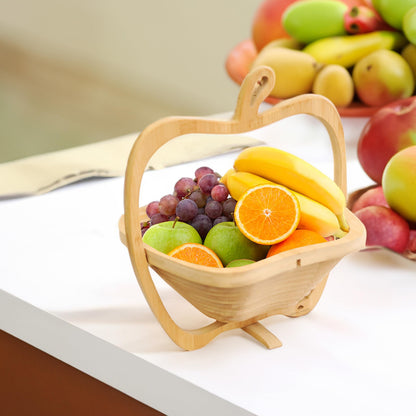 RoyalHouse Bamboo Foldable Fruit Bowl Apple Shape,12“x10.5"- Collapsible, Fruit & Vegetable Storage For Kitchen Countertop, Bamboo Fruit Basket, Tabletop Fruit Serving Bowl