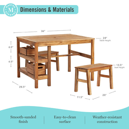Martha Stewart Kids Outdoor Craft Table and 2 Bench Set: Acacia Wood Activity Desk w/Crate, Caddy, and Storage Shelves | Kids Play & Picnic Table w/Benches for Backyard, Patio, Outdoor Classrooms