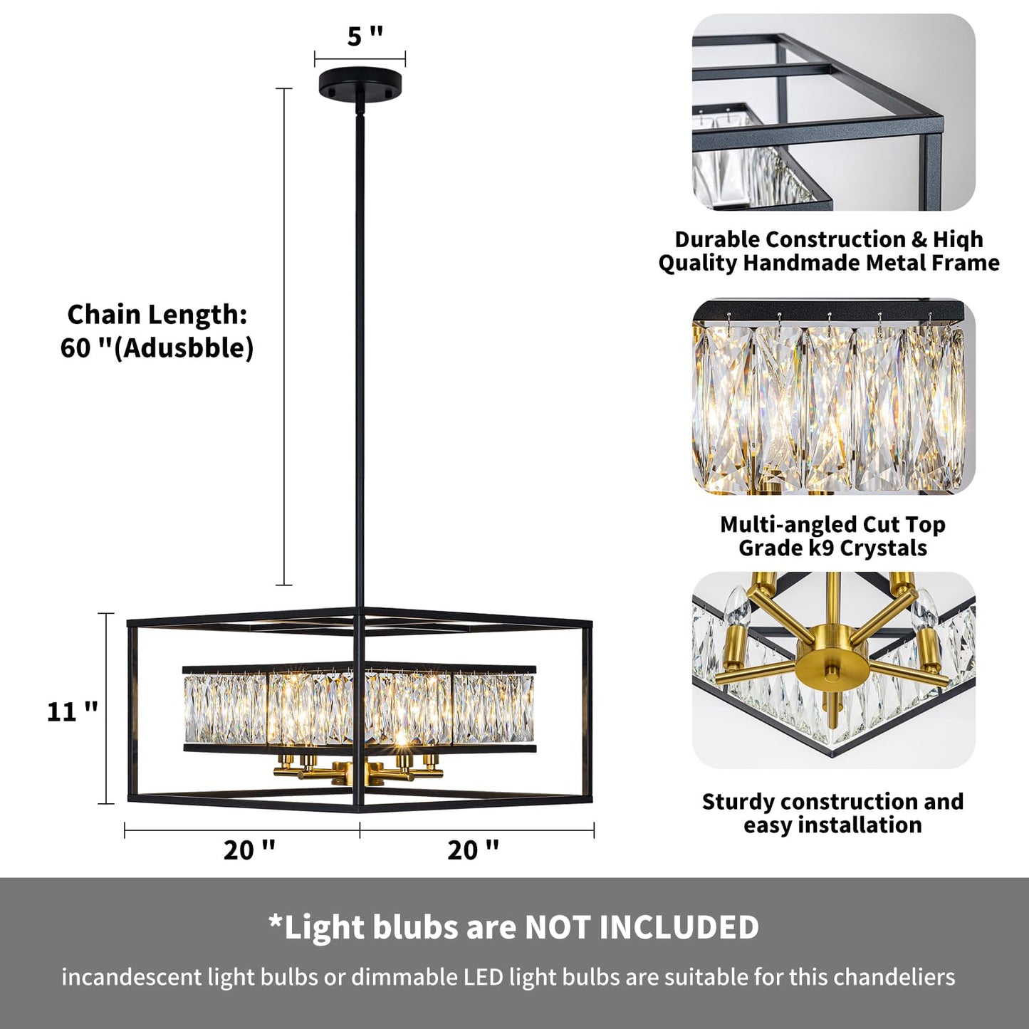 Vezzio Crystal Chandelier for Foyer Entryway，5-Light Black Modern Farmhouse Pendant Chandelier, Contemporary Hanging Light Fixture for Dining Room Living Room Bedroom Kitchen Island