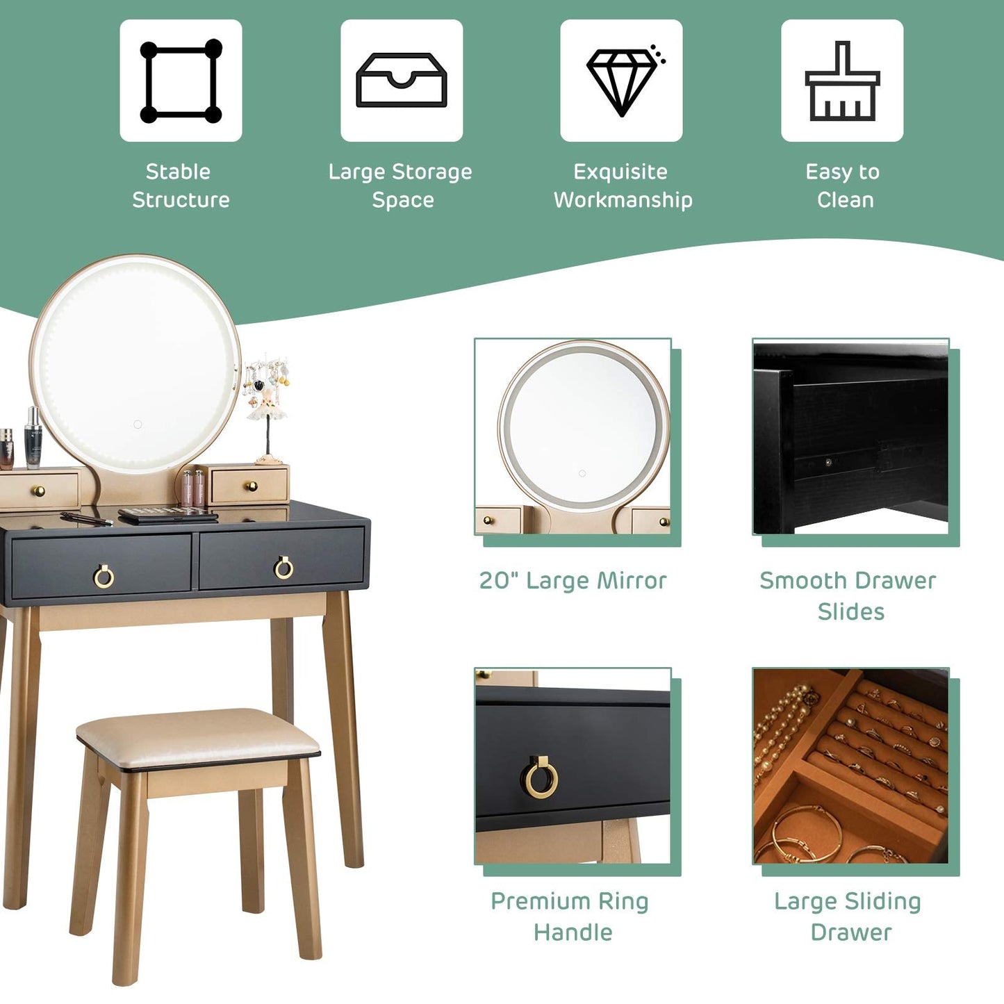 FANTASK Vanity Table Set, LED Lighted Makeup Table w/ 3 Color Round Lighting Mirror Touch Screen 4 Drawers, Makeup Dressing Table w/Cushioned Stool for Bedroom (Black)