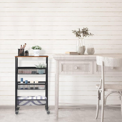 LIANTRAL Rustic Kitchen Storage Cart, 4 Tier on Wheels, Metal Mesh Pantry Cart with Lockable Wheels, Wood Look Top