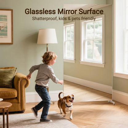 BRIVUE 81" x 41" Standing Mirror Full Length with Wheels, Large Glassless Rolling Mirrors with Brakes, Shatterproof HD Imaging Thin Frame Full Body Mirror for Dance Studio/Home Gym, Silver