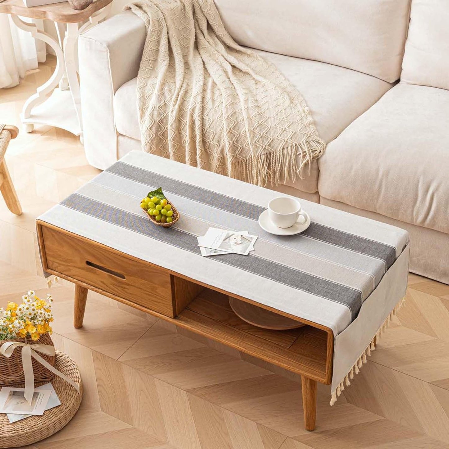 20" 60" Waterproof Coffee Table Cover, Rectangle Cotton Linen Coffee Table Cloth With Pockets And Tassel For Living