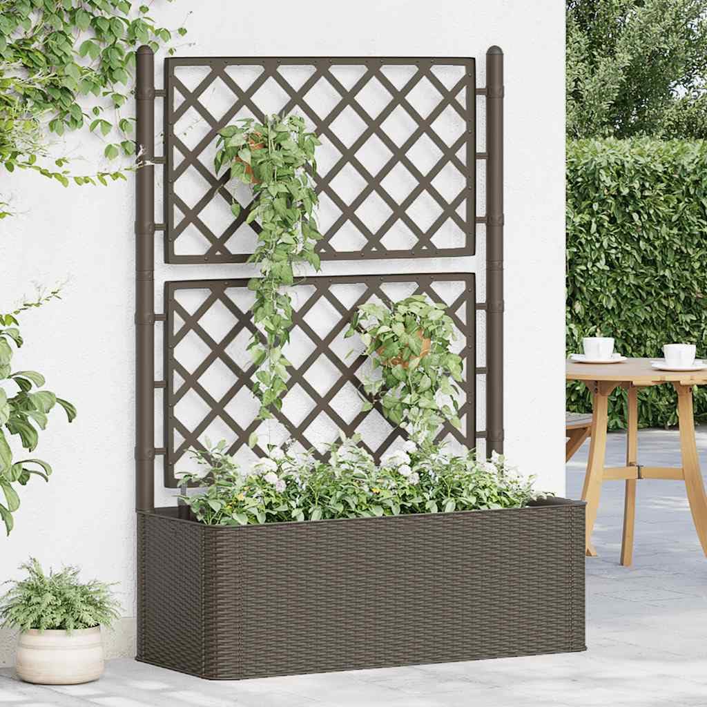 Raised Garden Bed, Mocha Plastic (PP) Large Outdoor Planter with Trellis, Self-Watering System, 39.4 x 39.4 x 55.9 in, Durable Waterproof Materials for Vegetables, Herbs