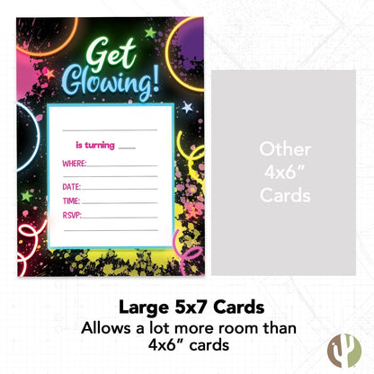 Desert Cactus Neon Happy Birthday Invitations - Invite Cards (10 Count) with Envelopes for Kids Party
