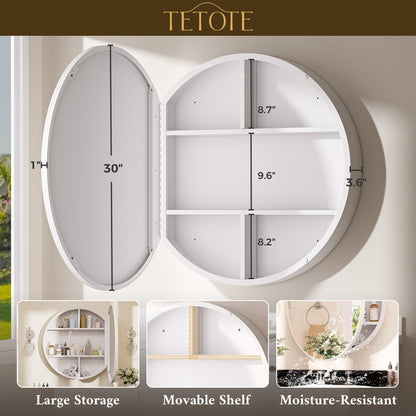 TETOTE Bathroom Mirror Cabinet 30 x 30 White Round Bathroom Medicine Cabinet with Mirror Adjustable Shelves Farmhouse Wall Mirror with Storage Surface Mounted