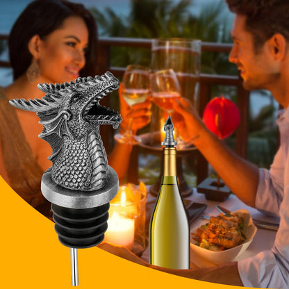 LKKCHER Dragon Head Liquor Pourers Spout for Alcohol Spirits, Dragon Gifts 2-In-1 Wine Bottle Pourer and Stopper for Men Women, Wine Accessories Gifts, Silver with Bag