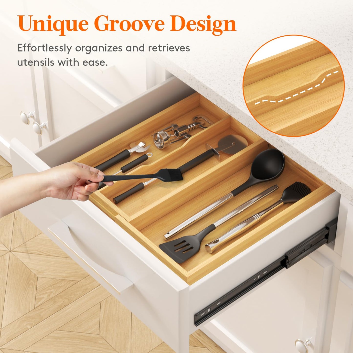 Lifewit Utensil Organizer for Kitchen Drawer, Expandable Cooking Utensil Tray, Cutlery Silverware Flatware Holder, Wood Adjustable Spatula Tools Storage Divider, 8.9-15.8 x 15.75, Natural