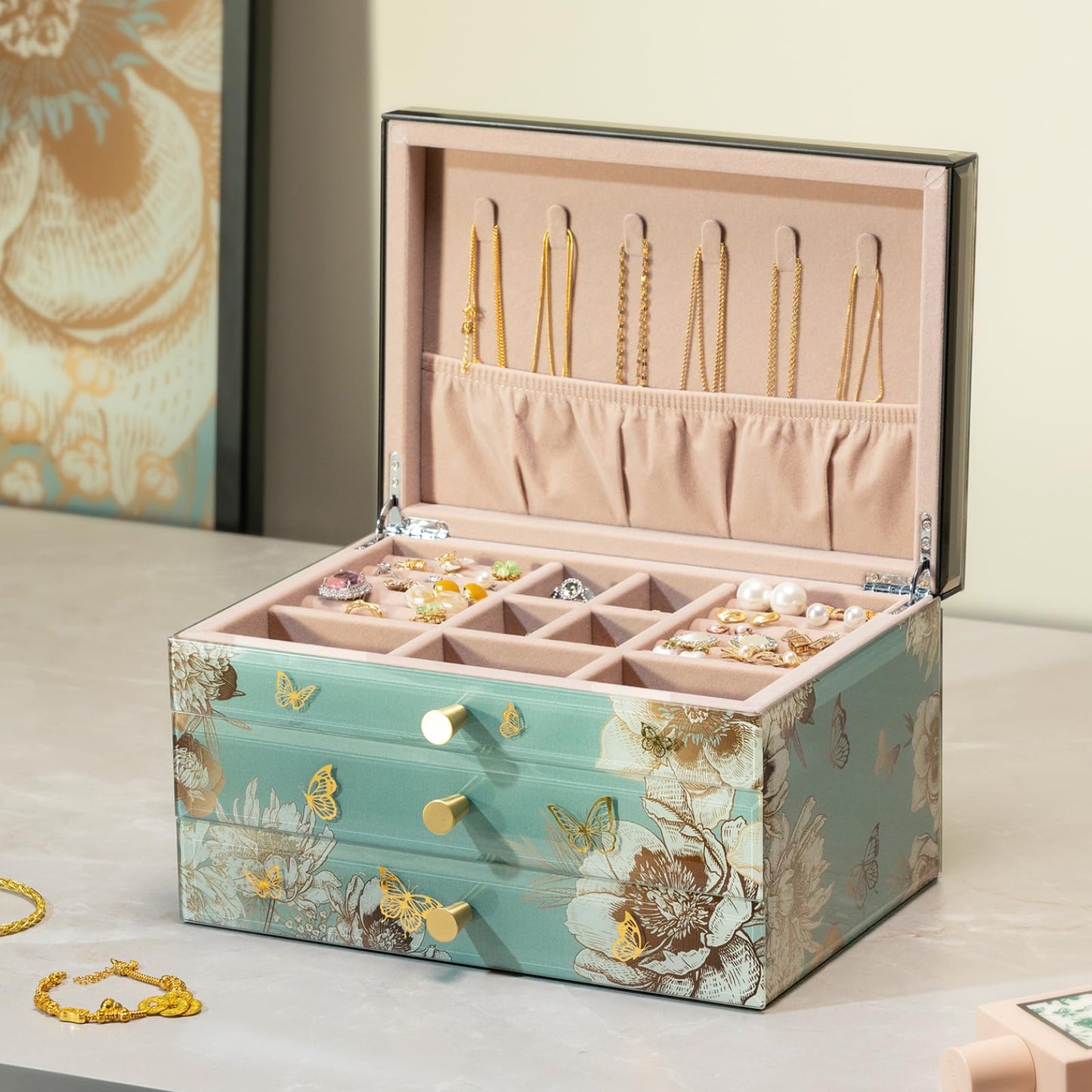 Homruilink High End Glass Jewelry Box, 3 Layer Jewelry Organizer, Velvet-Lined Case For Ring, Necklace, Earring, Bracelet Storage, Ideal Gift (Bird & Floral)