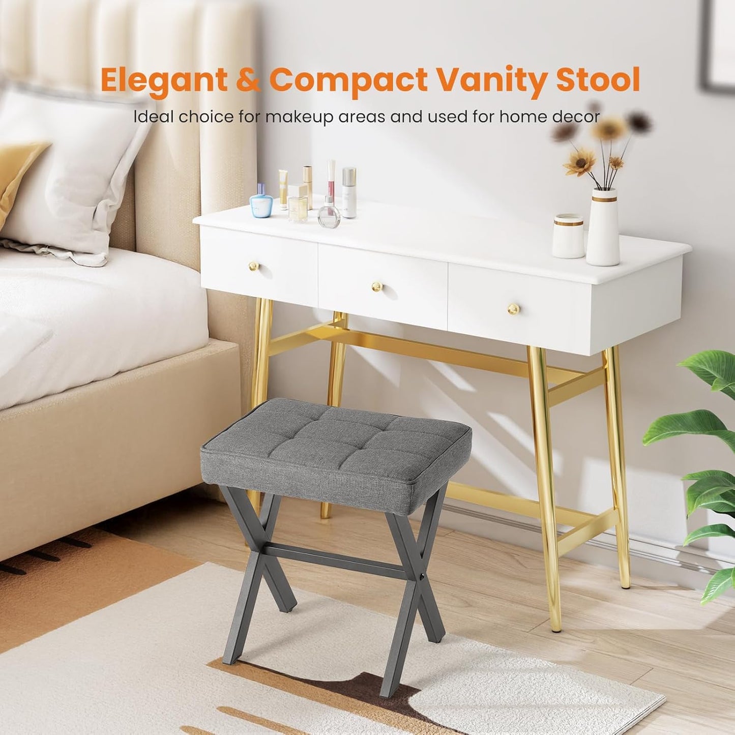 Sweetcrispy Vanity Stool Ottoman, Square Linen Makeup Stool Metal X Legs, Small Footstool Chair for Vanity, Modern