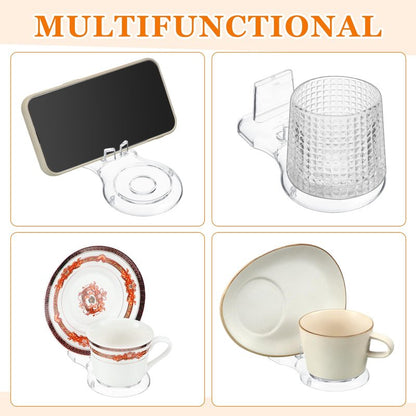 RattanView 16 pack Acrylic China Dinnerware Display Stand 8 Pcs 3 Tiers Clear Plate Dish Platters Setting Holder and 8 Pcs Tea Cup Saucer Stand for Kitchenware Tableware Display Organizer