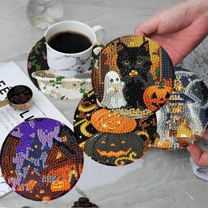 ijbnhd 8 Pack Halloween Diamond Art Coasters Kits, Halloween Diamond Painting Coasters Kit with Holder, DIY Diamonds Art Non Slip Coaster Crafts Kits for Adults Gifts 4x4 inch (Cork Wooden Pad)