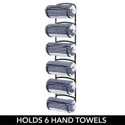mDesign Steel Towel Holder for Bathroom Wall - Wall Mounted Organizer for Rolled Bath Towels - Six Level Wall Mount Towel Storage Rack - Bathroom Towel Organizer - Hyde Collection - Graphite Gray