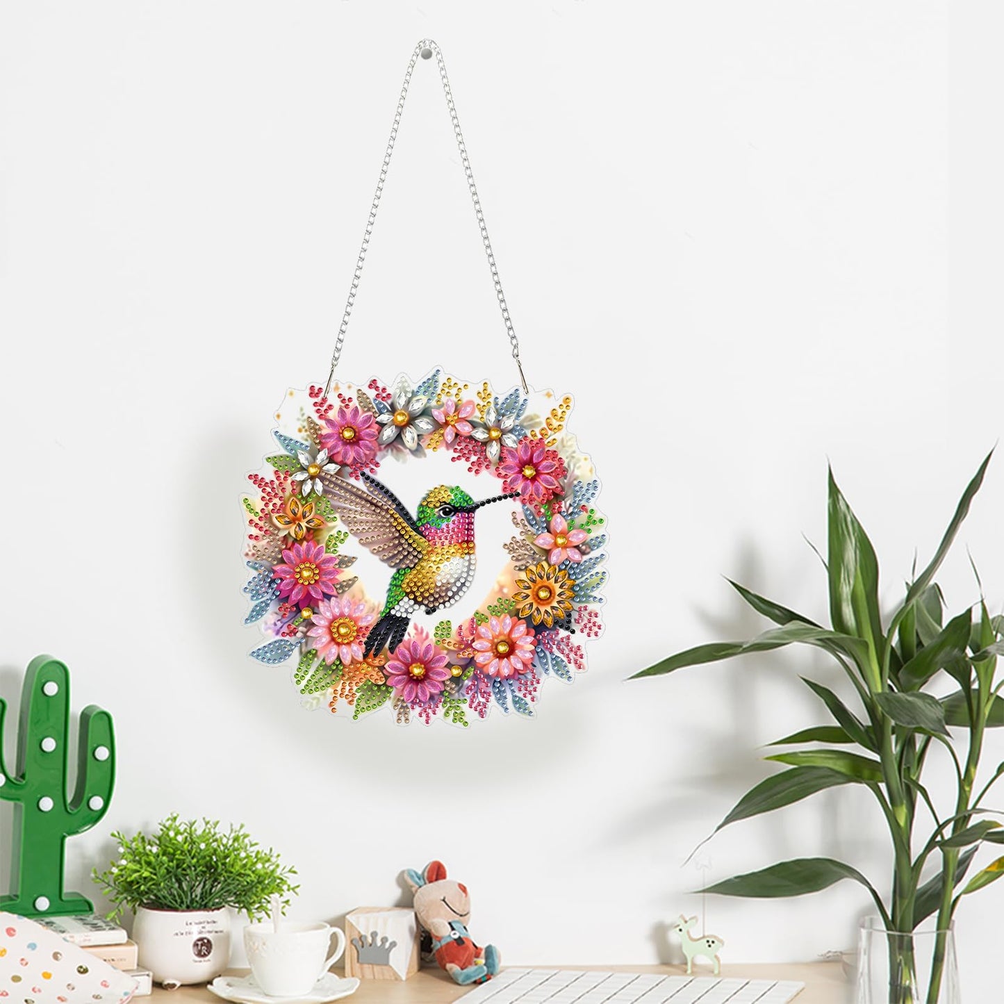 ZeeLionArt Hummingbird Hanging Diamond Art Kits for Adults Pendant Suncatcher, Special Shaped Crystal DIY Pearl Diamond Painting Kits for Adults, Spring Summer Window Wreath Decor 7.6x7.7 Inch