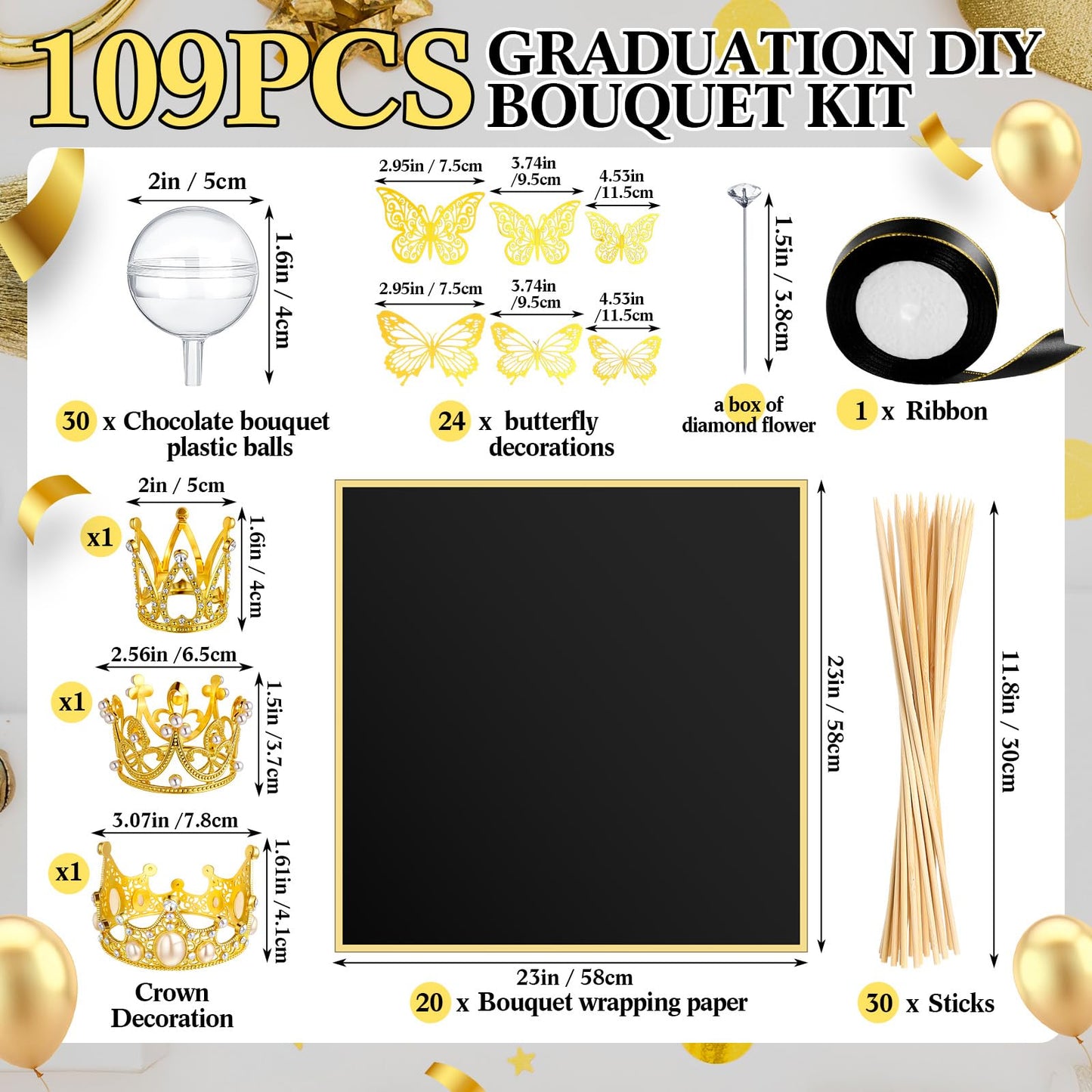 Funnymoom 109 Graduation DIY Chocolate Flower Bouquet Kit 2026 Candy Rose Clear Acrylic Lollipop Ball Holder Floral Wrapping Paper 3D Gold Butterfly Crown Ribbon Grad Gift(Black and Gold)