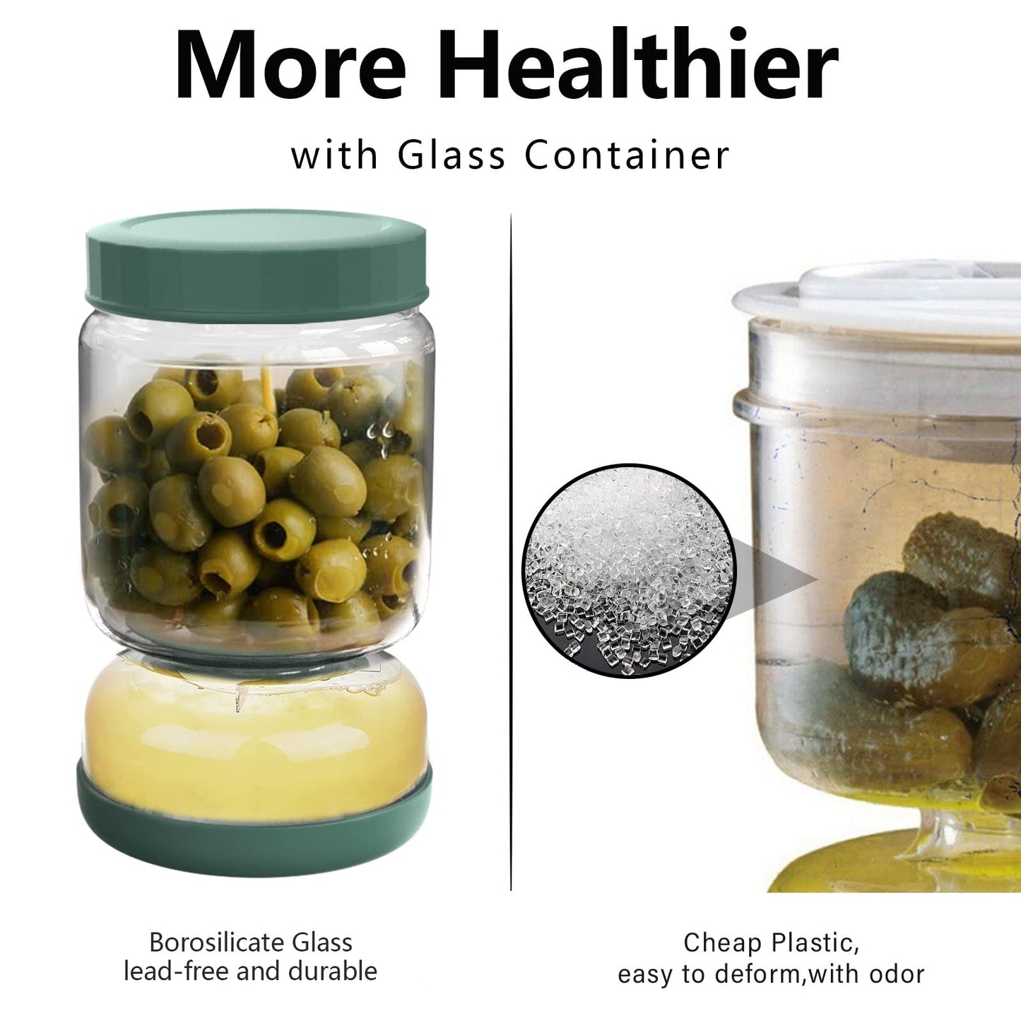 WhiteRhino Glass Pickle Jar,34oz Olive Hourglass Jar with Strainer,Airtight Glass Jar Pickle Juice Separator Flip Pickle Jar for Gherkin Jalapeno