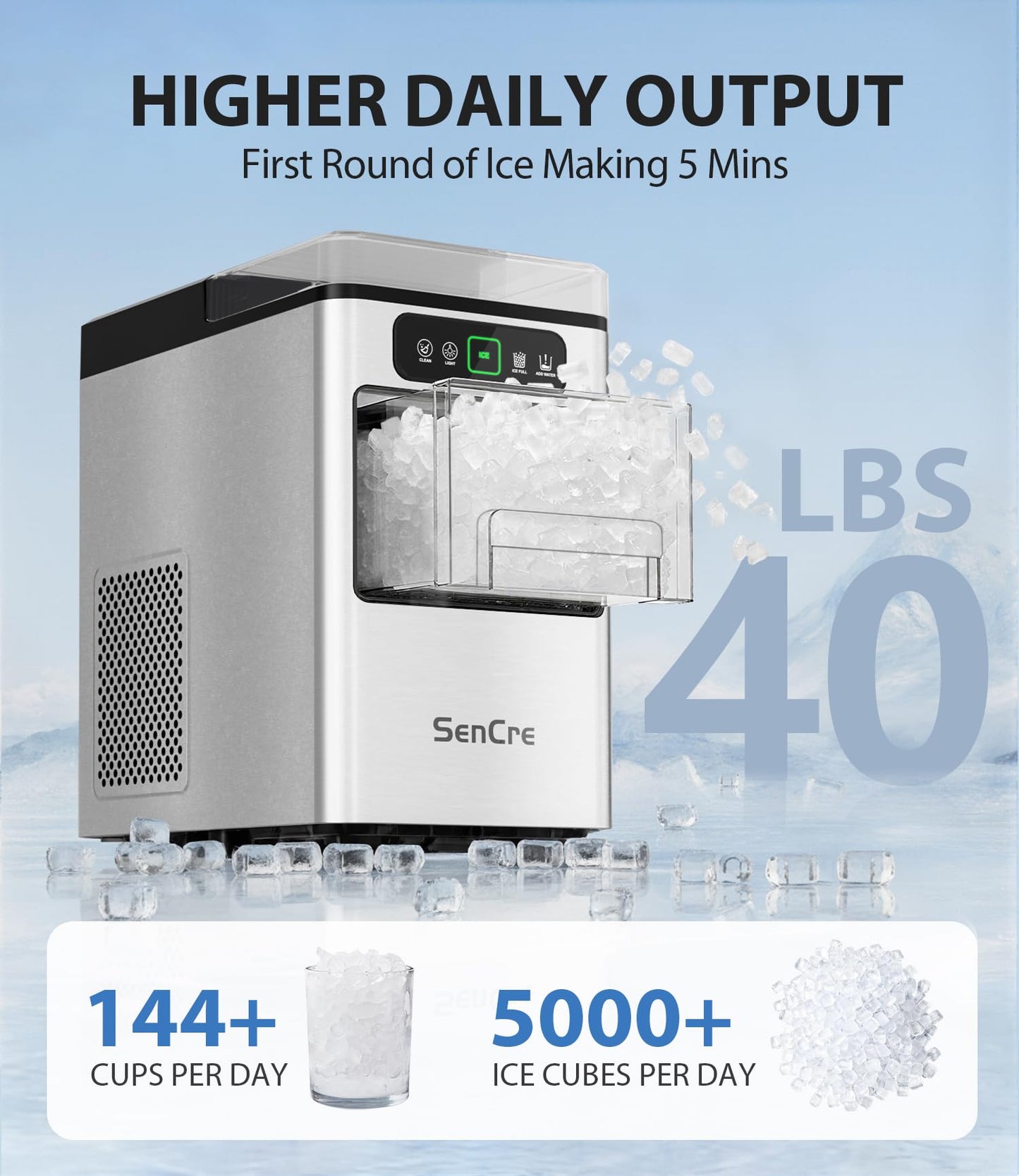 SenCre Nugget Ice Maker 40lbs/Day, Countertop Ice Maker Soft Chewable Ice, Ice Makers One-Click & Self-Cleaning, Crushed Pellet Ice Machine with Scoop&Basket for Home/Kitchen/Office, Stainless Silver