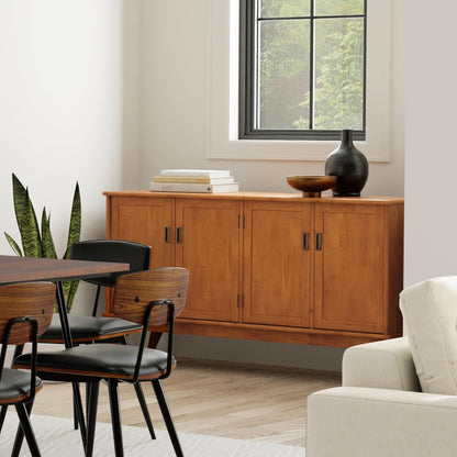 SIMPLIHOME Draper Buffet - 66 inch Wide Solid Hardwood 4-Door Sideboard Buffet in Teak Brown, Mid-Century Modern Cabinet for Dining Room or Kitchen with Adjustable Shelves and Tapered Legs