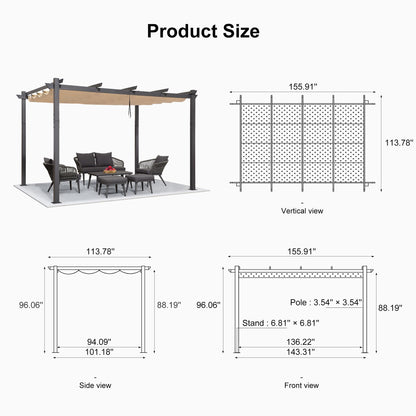 PURPLE LEAF 10' X 13' Outdoor Retractable Pergola with Sun Shade Canopy Patio Metal Shelter for Garden Porch Beach Pavilion Grill Gazebo Modern Yard Grape Trellis Pergola, Beige