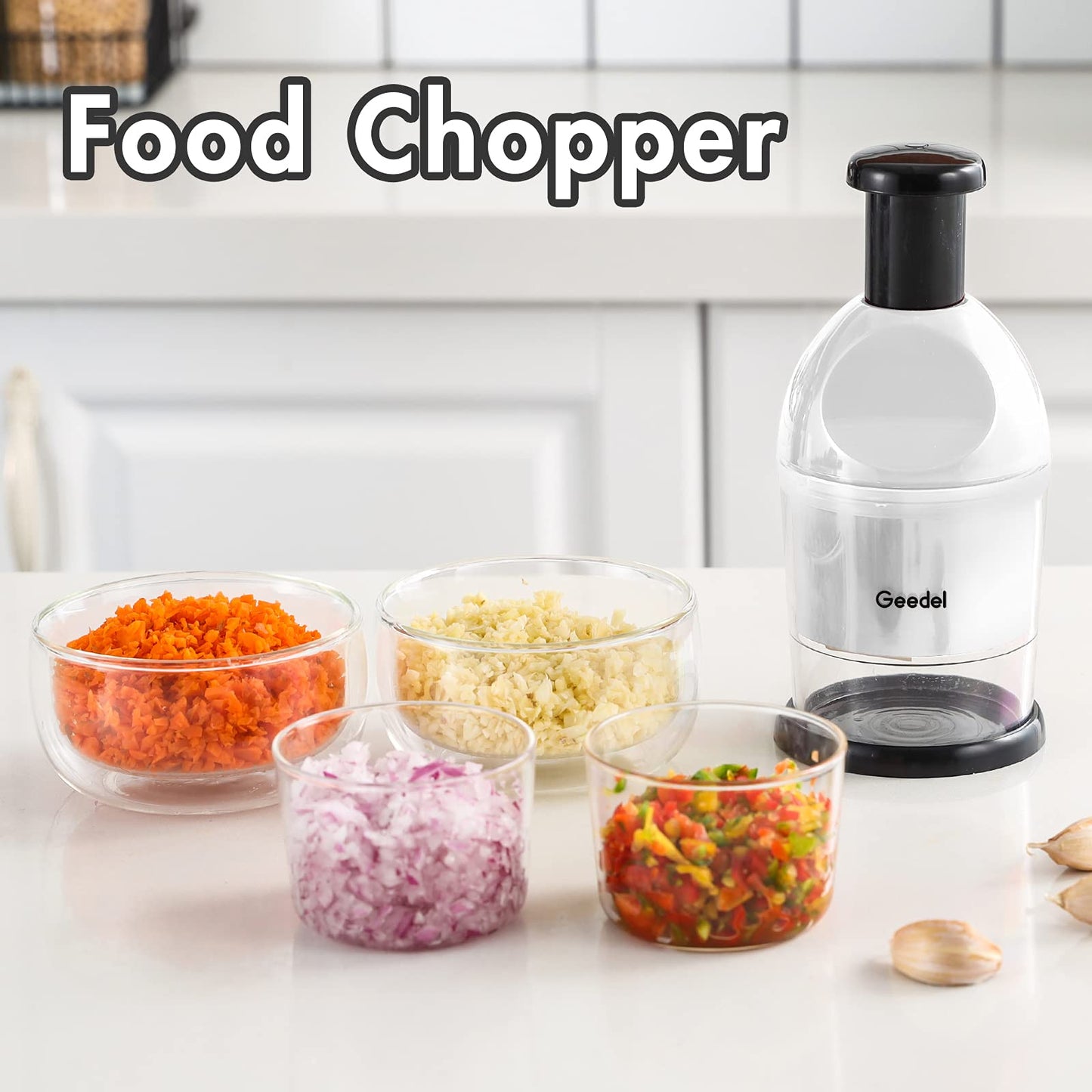 Geedel Food Chopper, Easy to Clean Manual Hand Vegetable Chopper Dicer, Dishwasher Safe Slap Onion Chopper for Veggies Onions Garlic Nuts Salads White