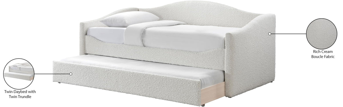 Meridian Furniture ArloCream-T Arlo Collection Modern | Contemporary Twin Daybed with Rich Cream Boucle Fabric, Twin Trundle, 82.5" W x 43.5" D x 32" H, Cream