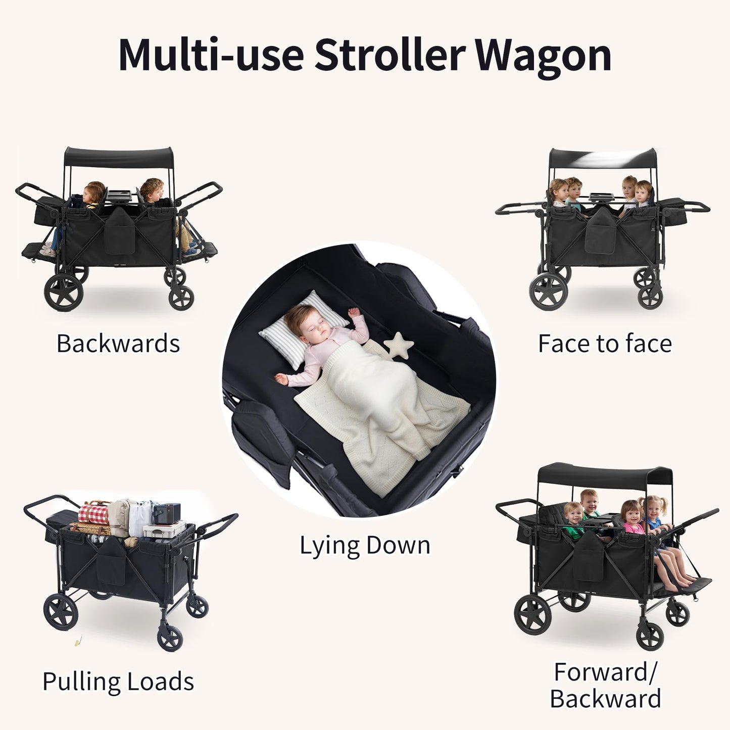 Stroller Wagon for 4 Kids, 4 Seater Wagon Stroller with Convertible Seats Footrests, Snack Tray, Storage Bag, Removable Canopy, Wagon Stroller 4 Seater with Double Push Handle (Black-Convertible)