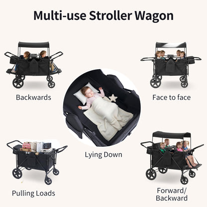 Stroller Wagon for 4 Kids, 4 Seater Wagon Stroller with Convertible Seats Footrests, Snack Tray, Storage Bag, Removable Canopy, Wagon Stroller 4 Seater with Double Push Handle (Black-Convertible)
