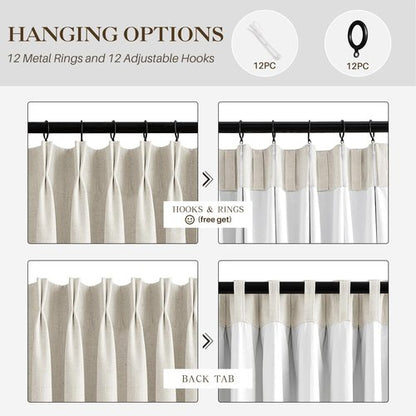 IVAPUPU Natural Pinch Pleated 100% Blackout Linen Curtains 90 Inch Length for Bedroom, Black Out Pinch Pleat Curtains for Living Dining Room Darkening Thermal Insulated Drapes with 16 Hooks, 2 Panels
