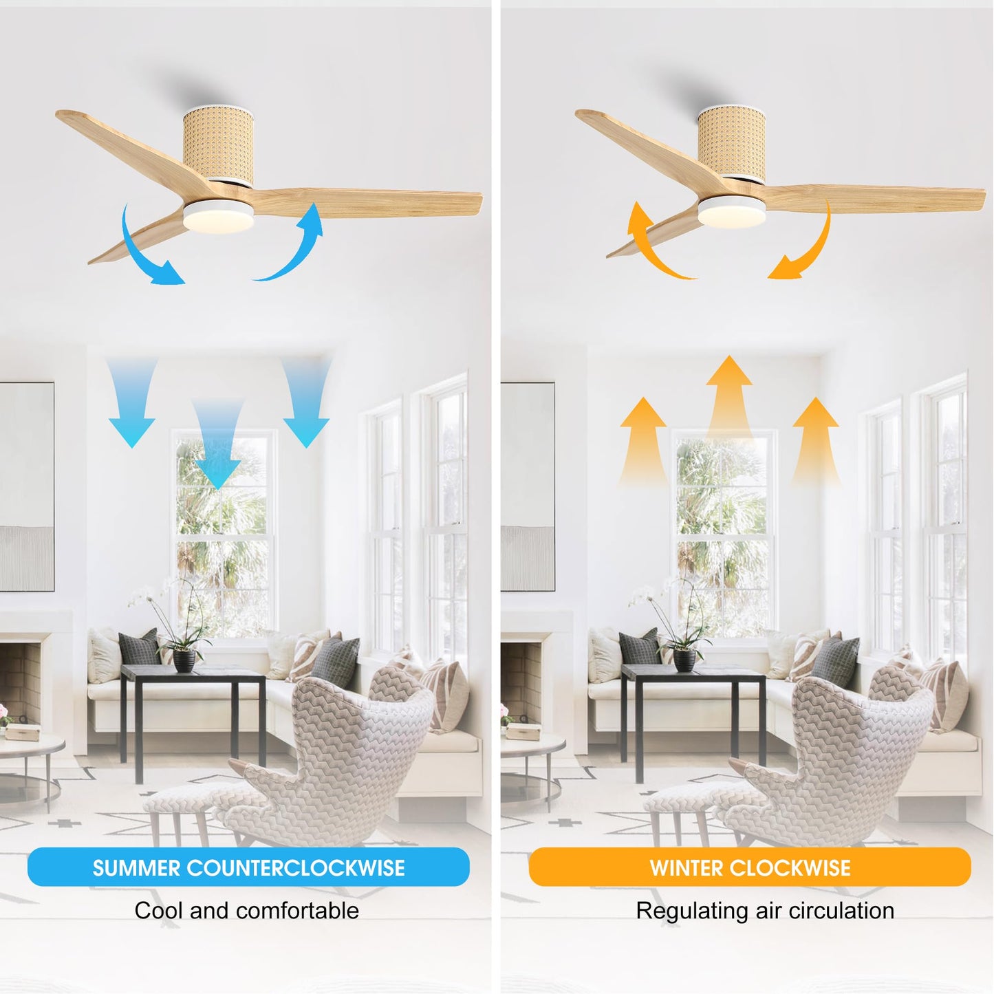 LEDLUX 52" Ceiling Fan with Light - Low Profile Flush Mount Ceiling Fan, 6-Speed Remote Control, Solid Wood, Quiet Reversible DC Motor, Wood/White Finish, for Bedroom, Living Room, Porch